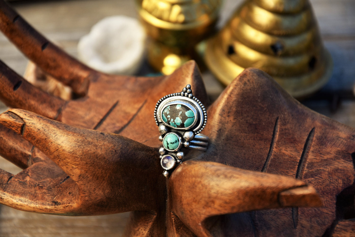 Sterling zilveren ring met Turkoois en Maansteen | Meerdere stenen ring | Boho-ring | Stamring | Boho-edelsteenring