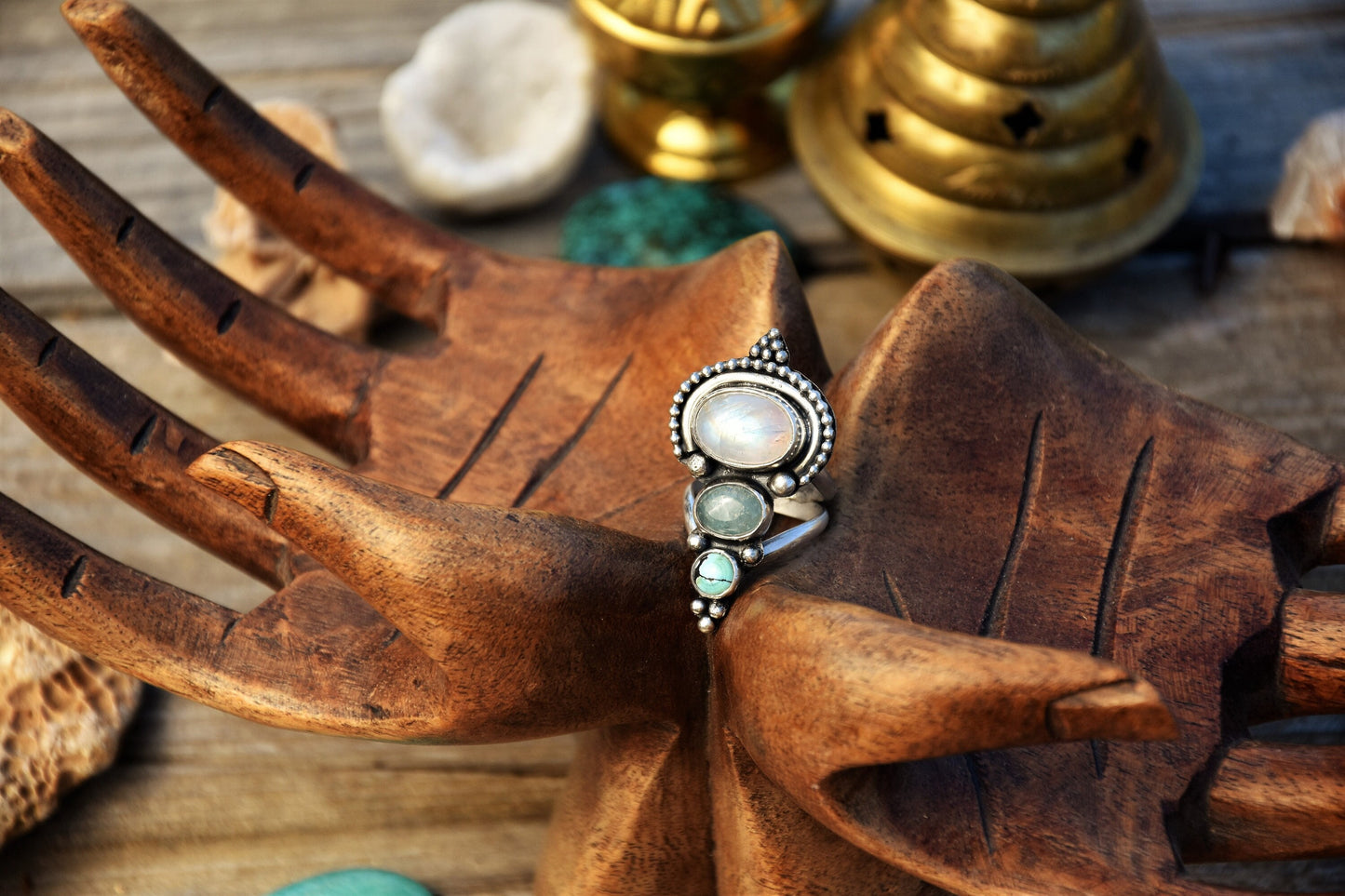 Sterling silver ring with Turquoise, Aquamarine and Moonstone crystal | Multiple stone ring | Boho silver ring | Tribal ring