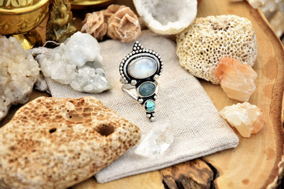 Sterling silver ring with Turquoise, Aquamarine and Moonstone crystal | Multiple stone ring | Boho silver ring | Tribal ring