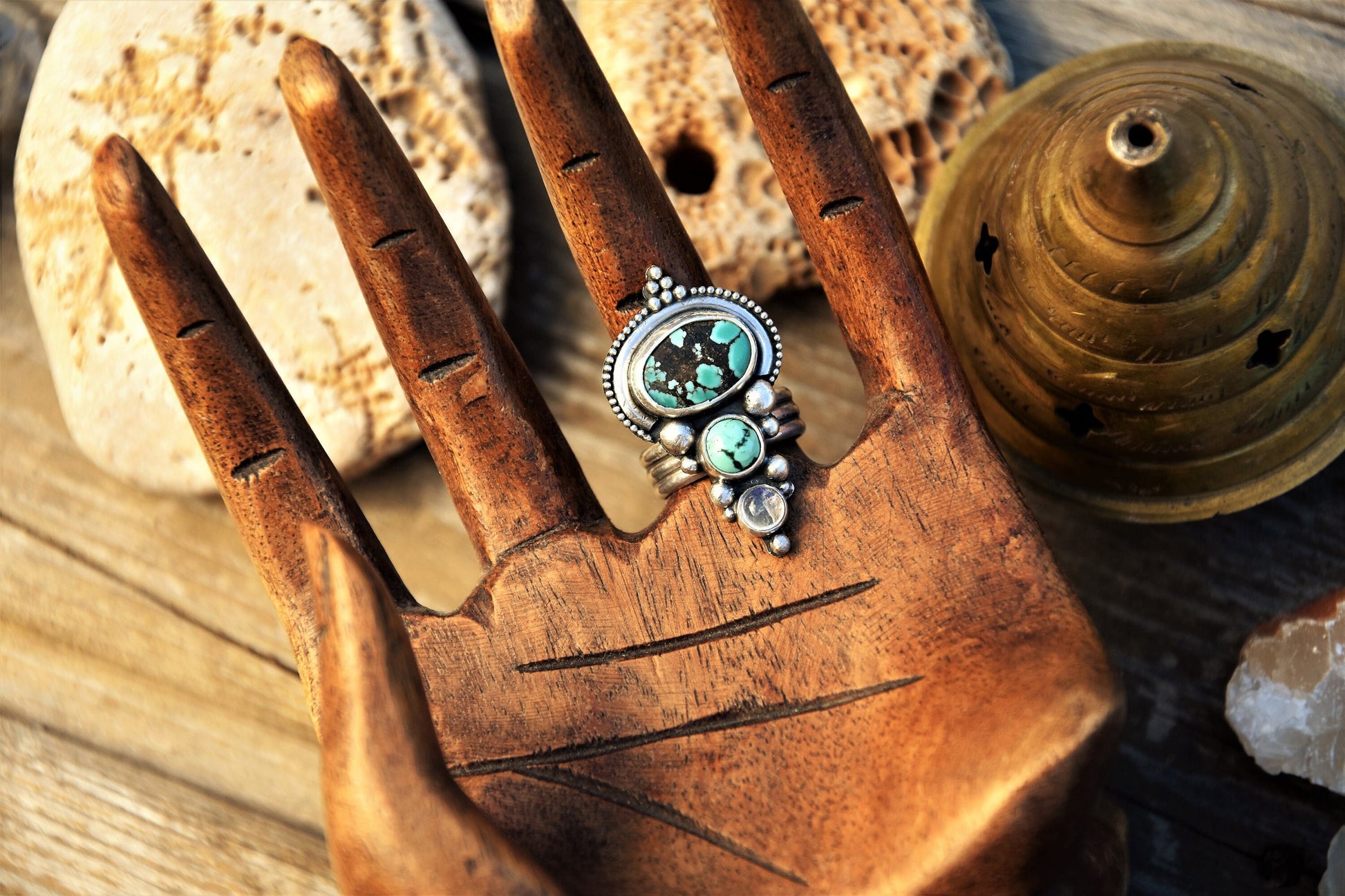 Sterling zilveren ring met Turkoois en Maansteen | Meerdere stenen ring | Boho-ring | Stamring | Boho-edelsteenring