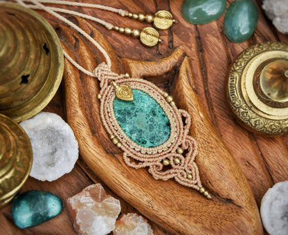 Chrysocolla macrame pendant | Boho necklace | Large crystal necklace | gemstone necklace | yoga necklace