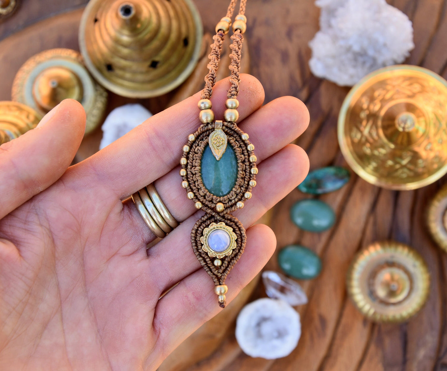 Bohemian gemstone pendant | Aventurine and Moonstone pendant | Macrame pendant | Boho necklace | gemstone necklace