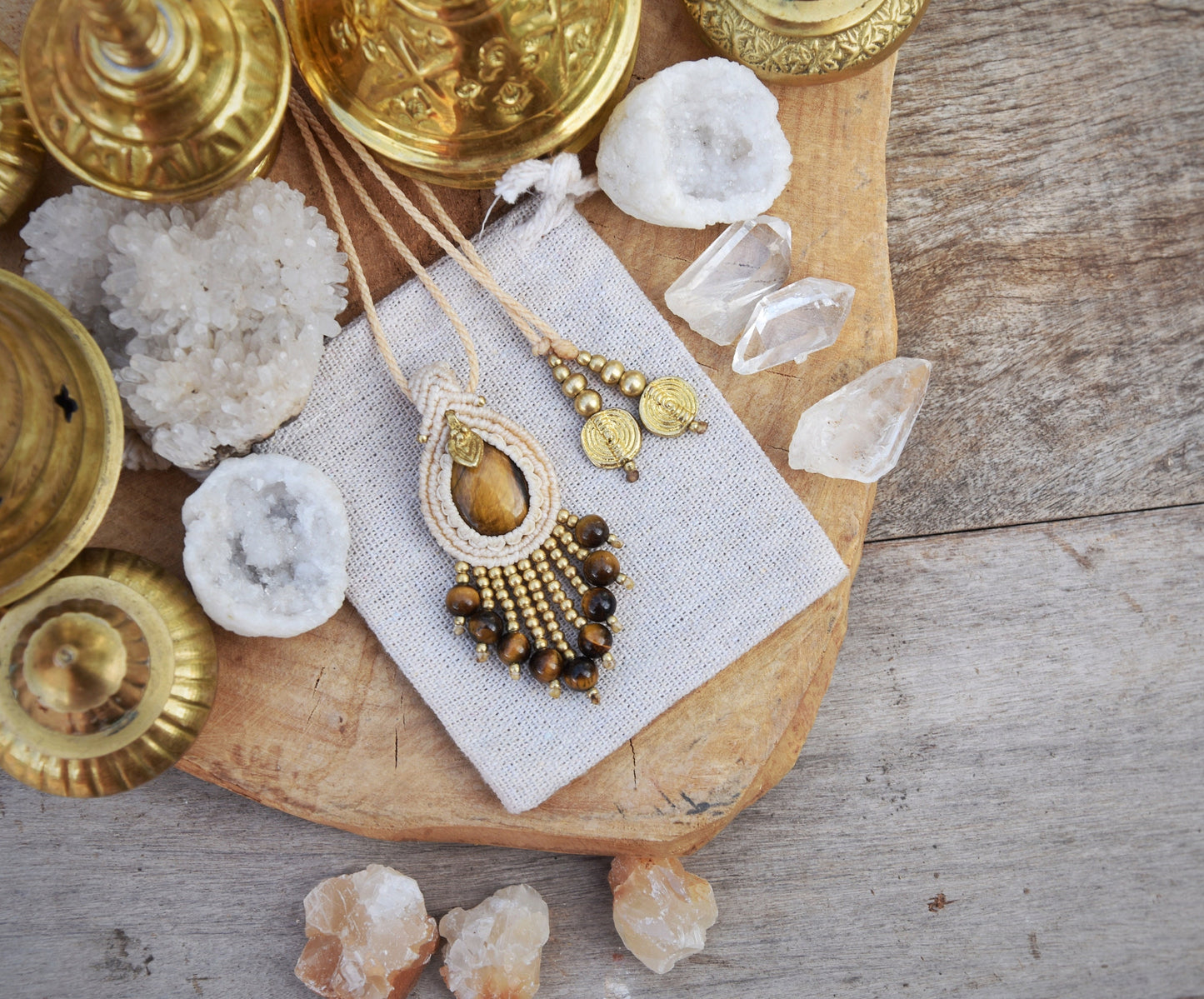 Boho tassel pendant with Tiger Eye gemstone | Bohemian chic necklace | Ethnic gemstone pendant