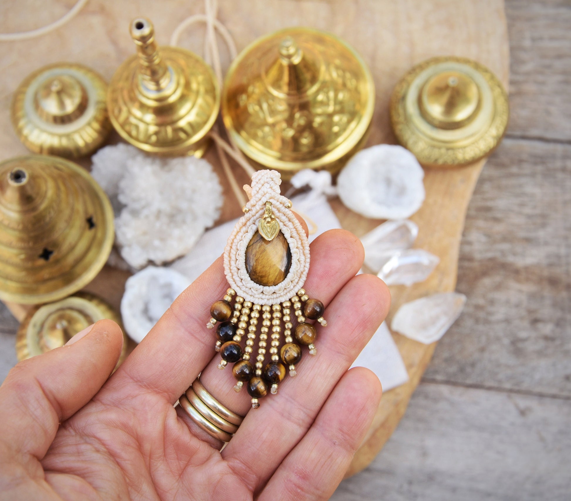 Boho tassel pendant with Tiger Eye gemstone | Bohemian chic necklace | Ethnic gemstone pendant