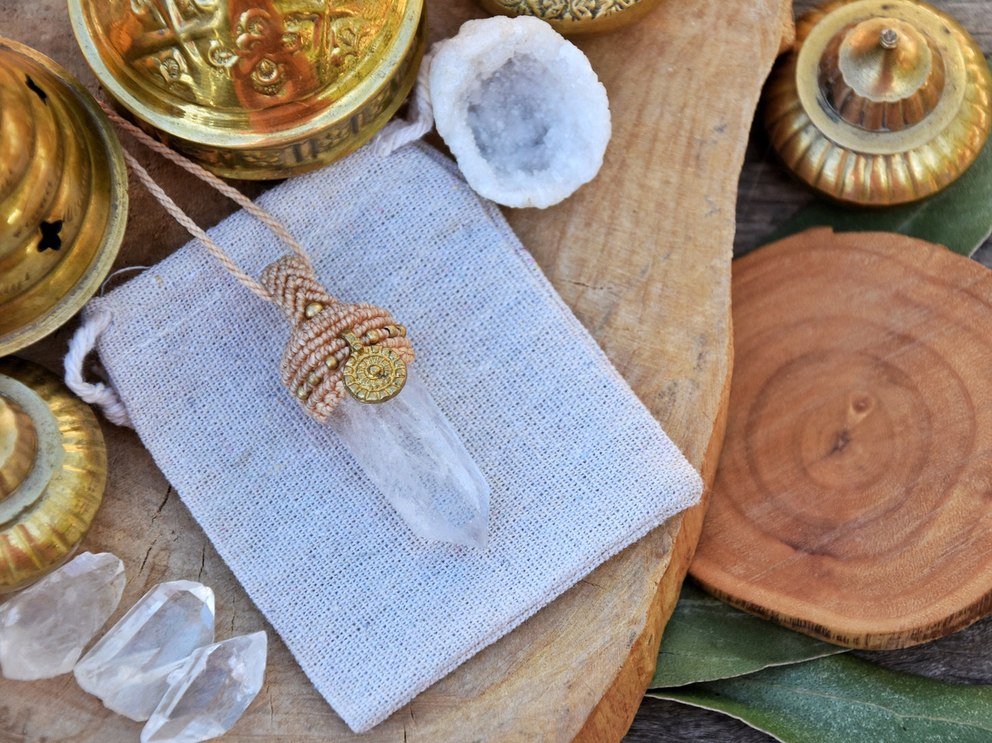 Boho chic macrame pendant with brass charm | Clear quartz point necklace | pendulum necklace | boho necklace