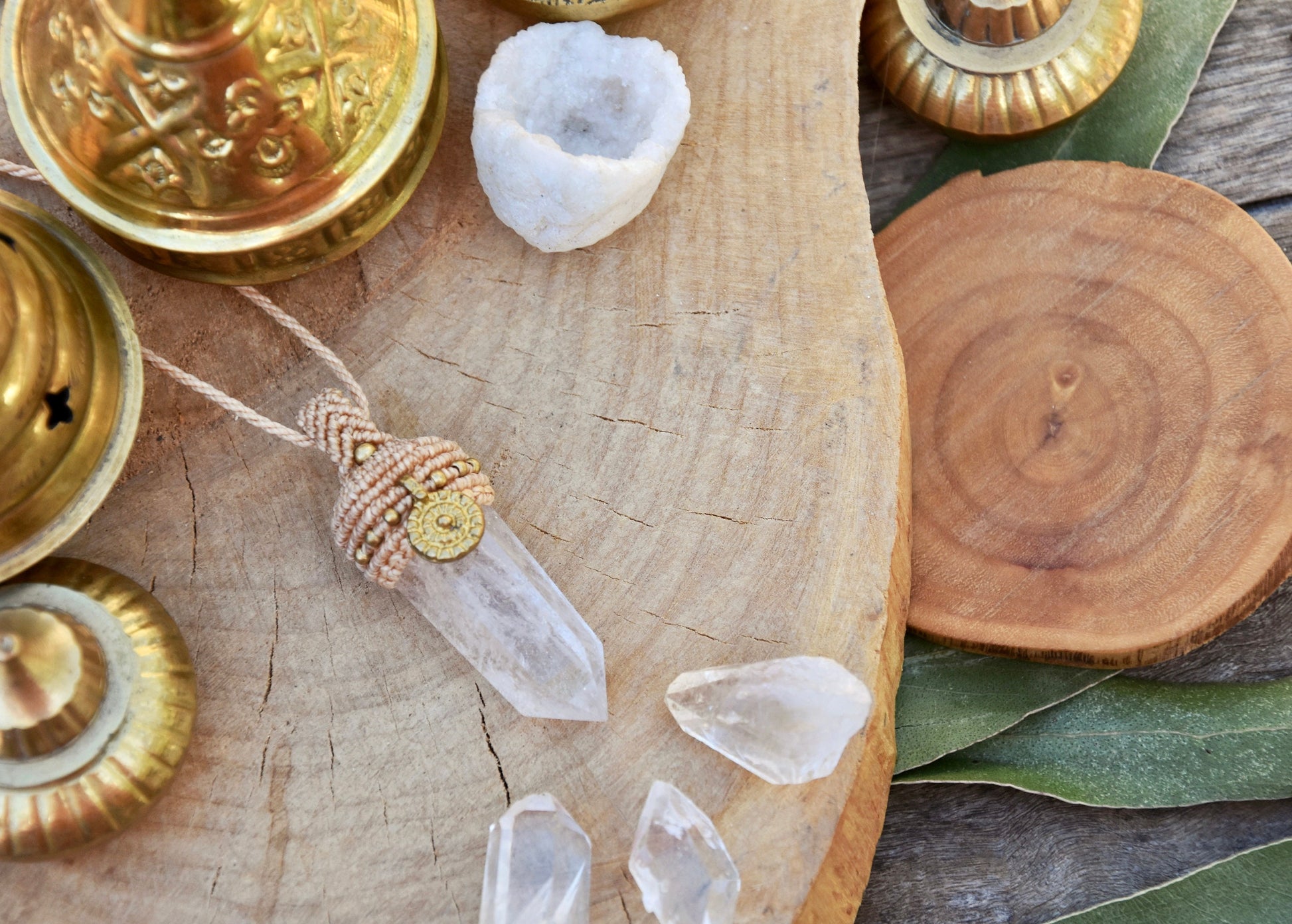 Boho chic macrame pendant with brass charm | Clear quartz point necklace | pendulum necklace | boho necklace