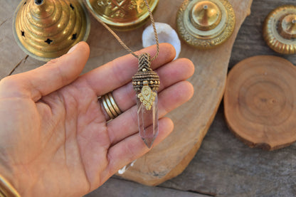 Smokey quartz tower pendant with brass charm | Tribal quartz point macrame pendant | healing crystal necklace | boho necklace