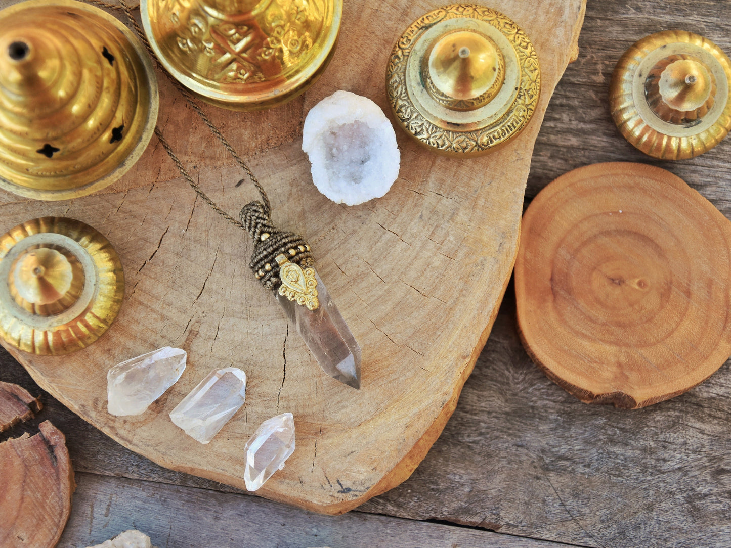 Smokey quartz tower pendant with brass charm | Tribal quartz point macrame pendant | healing crystal necklace | boho necklace