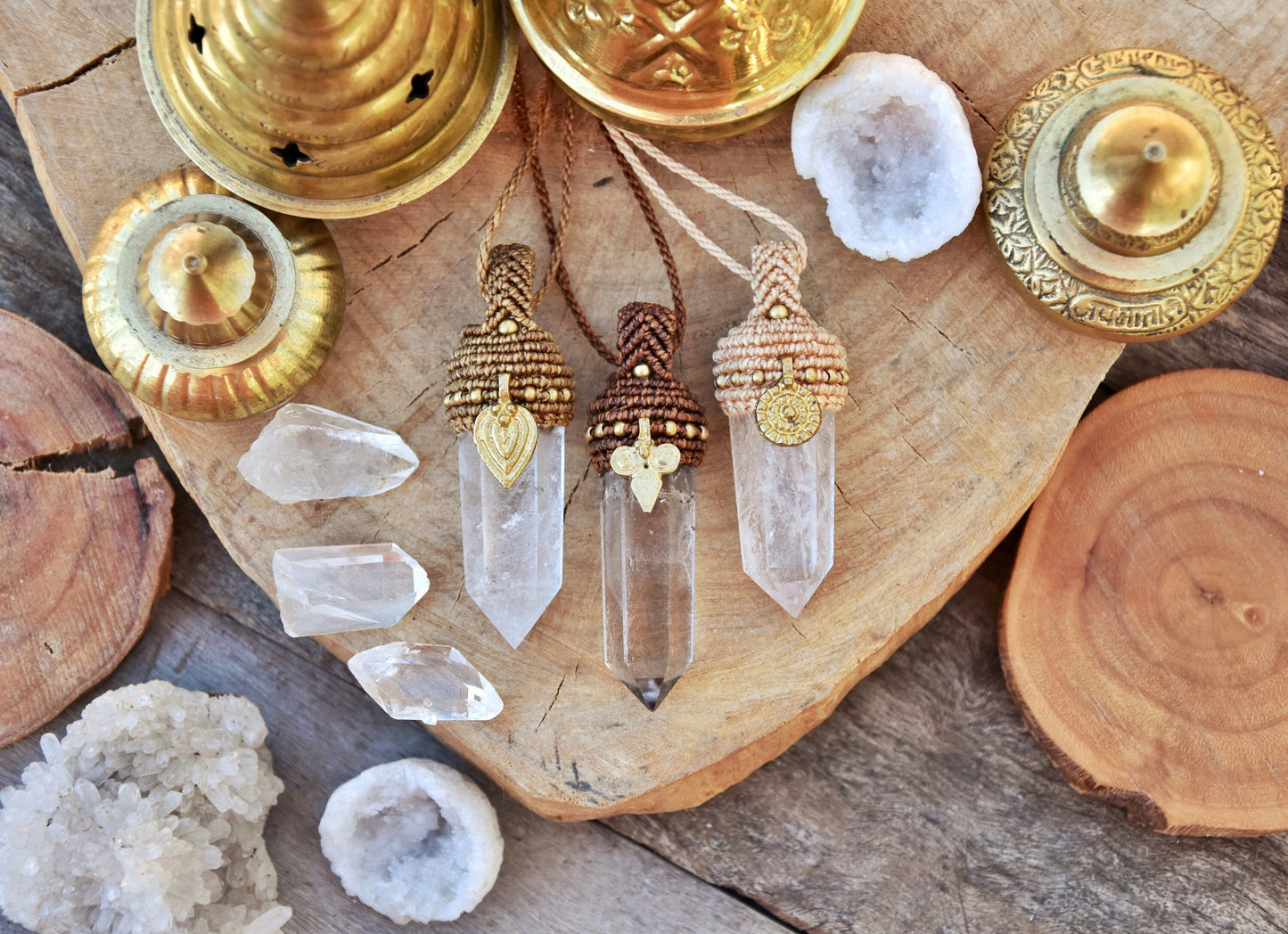 Tribal smokey quartz point pendant with brass charm | Ethnic quartz tower macrame pendant | healing crystal necklace | boho necklace