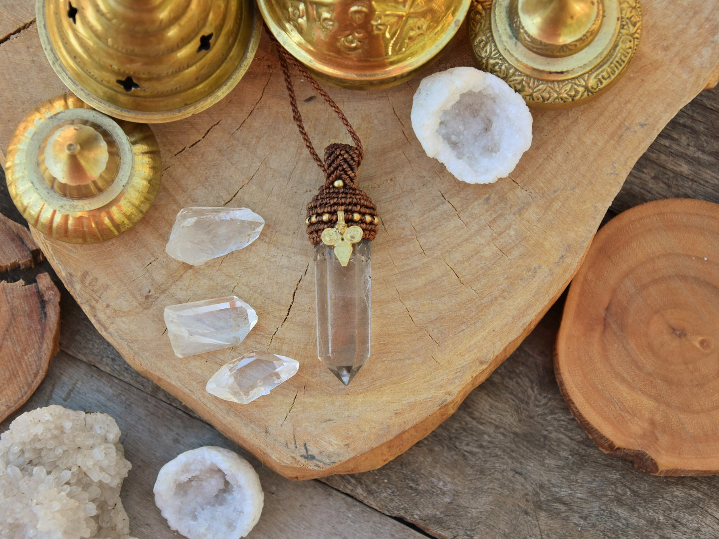 Tribal smokey quartz point pendant with brass charm | Ethnic quartz tower macrame pendant | healing crystal necklace | boho necklace