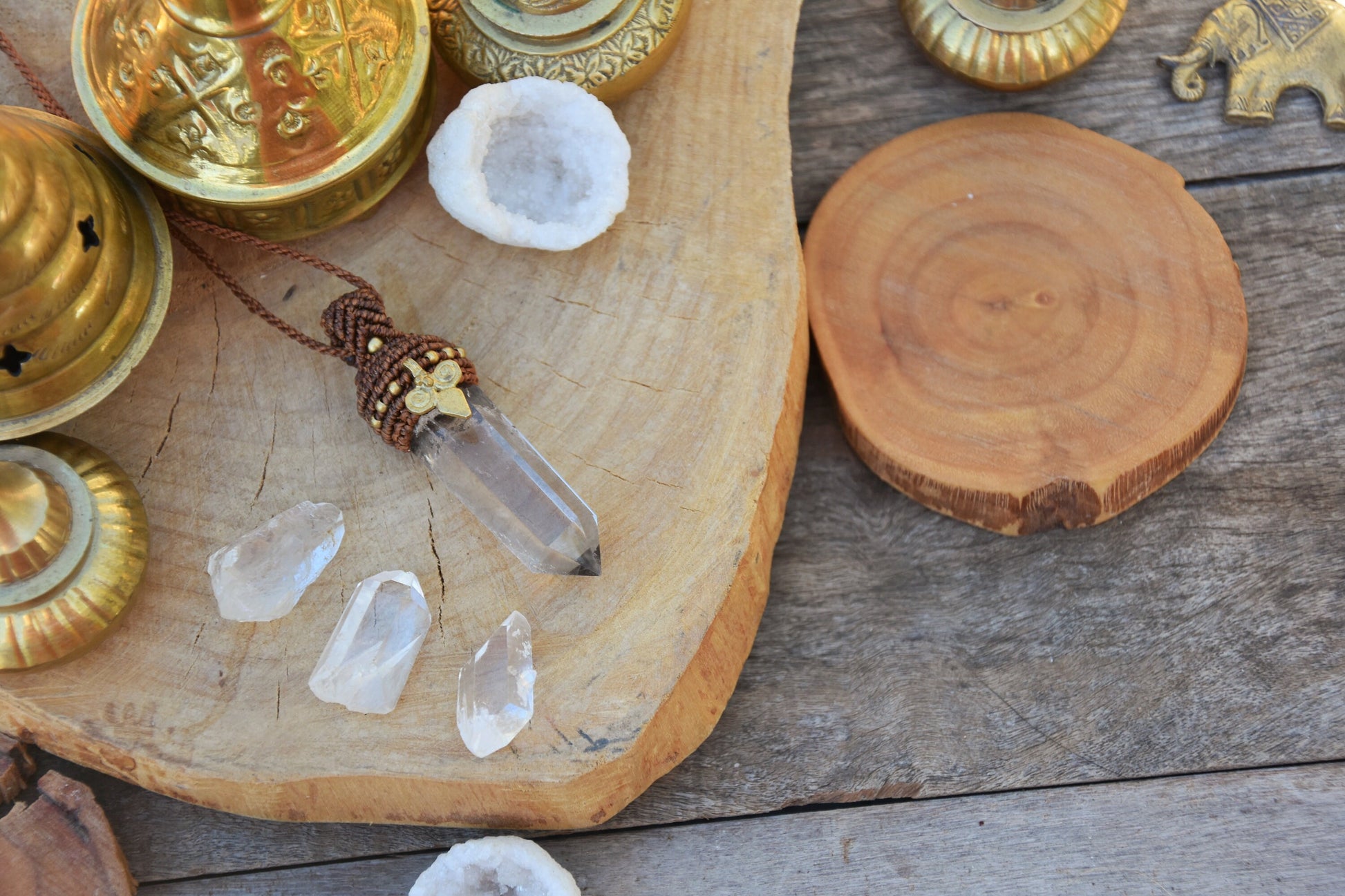 Tribal smokey quartz point pendant with brass charm | Ethnic quartz tower macrame pendant | healing crystal necklace | boho necklace