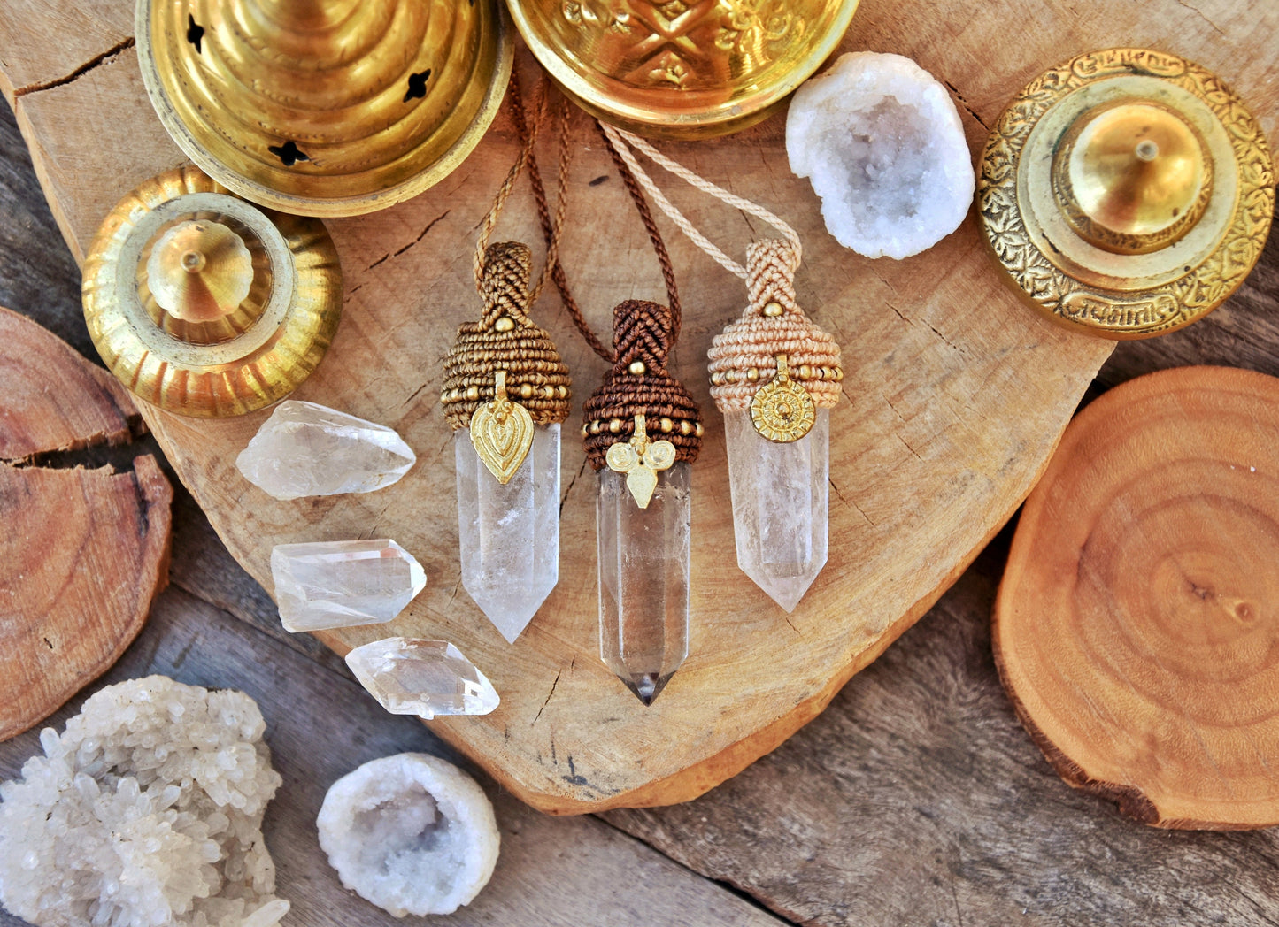 Boho chic macrame pendant with brass charm | Clear quartz point necklace | pendulum necklace | boho necklace