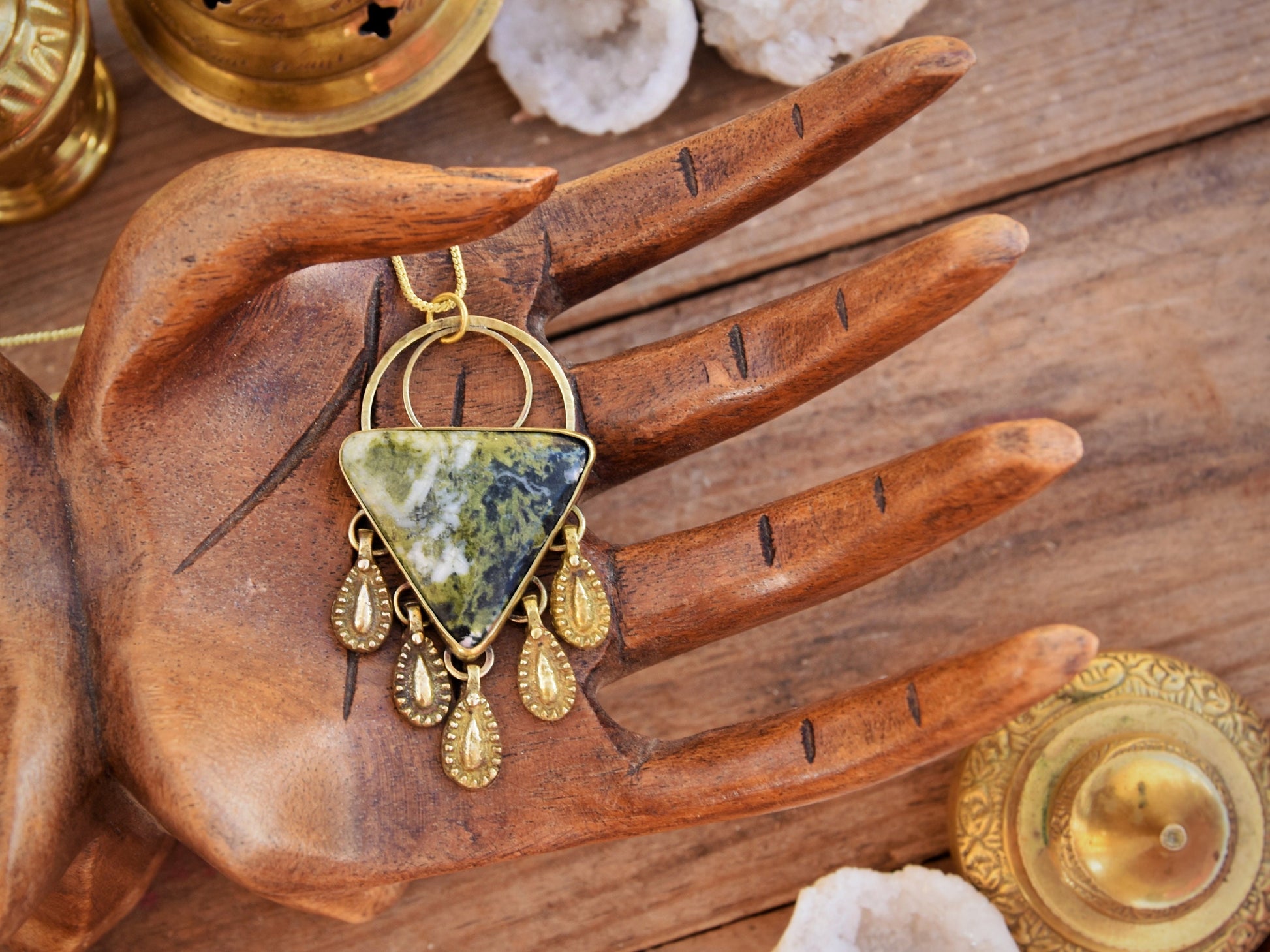 Tribal brass gemstone pendant with dangling charms | Ethnic gemstone amulet | Alternative gemstone jewelry | Earthy pendant