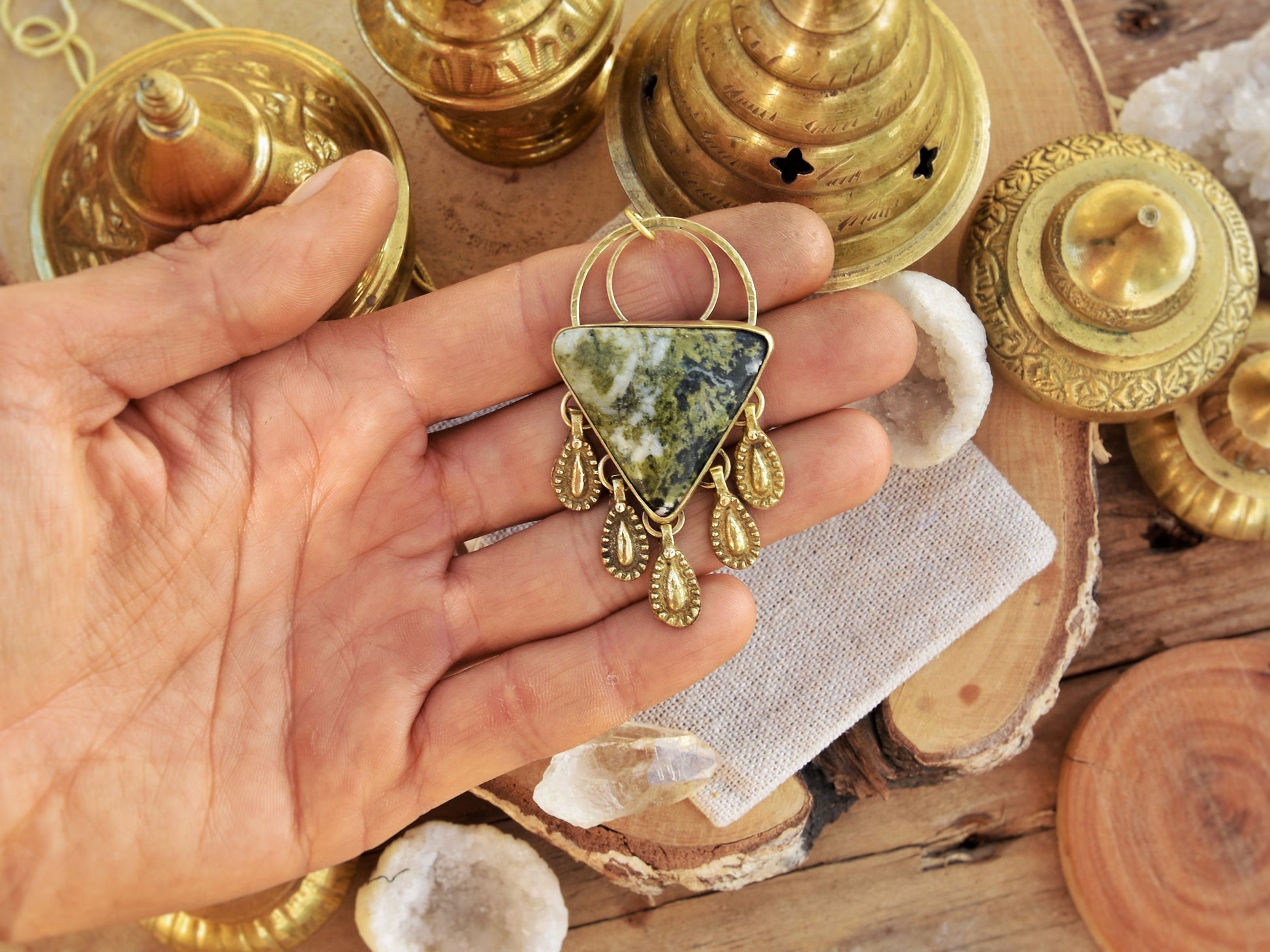 Tribal brass gemstone pendant with dangling charms | Ethnic gemstone amulet | Alternative gemstone jewelry | Earthy pendant