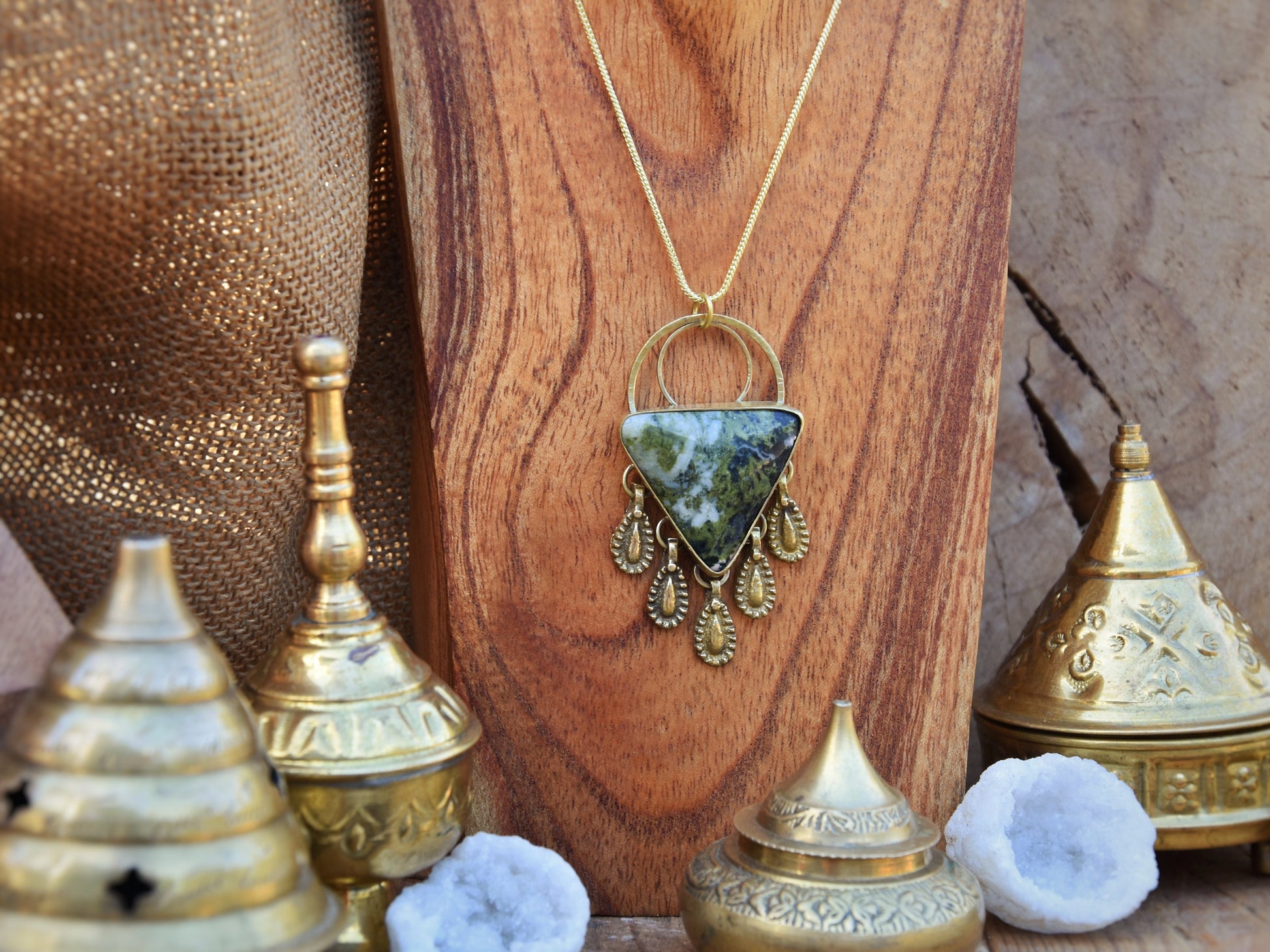 Tribal brass gemstone pendant with dangling charms | Ethnic gemstone amulet | Alternative gemstone jewelry | Earthy pendant