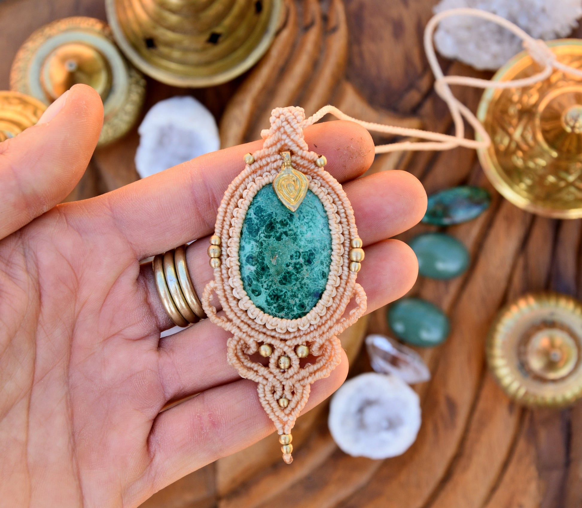 Chrysocolla macrame pendant | Boho necklace | Large crystal necklace | gemstone necklace | yoga necklace