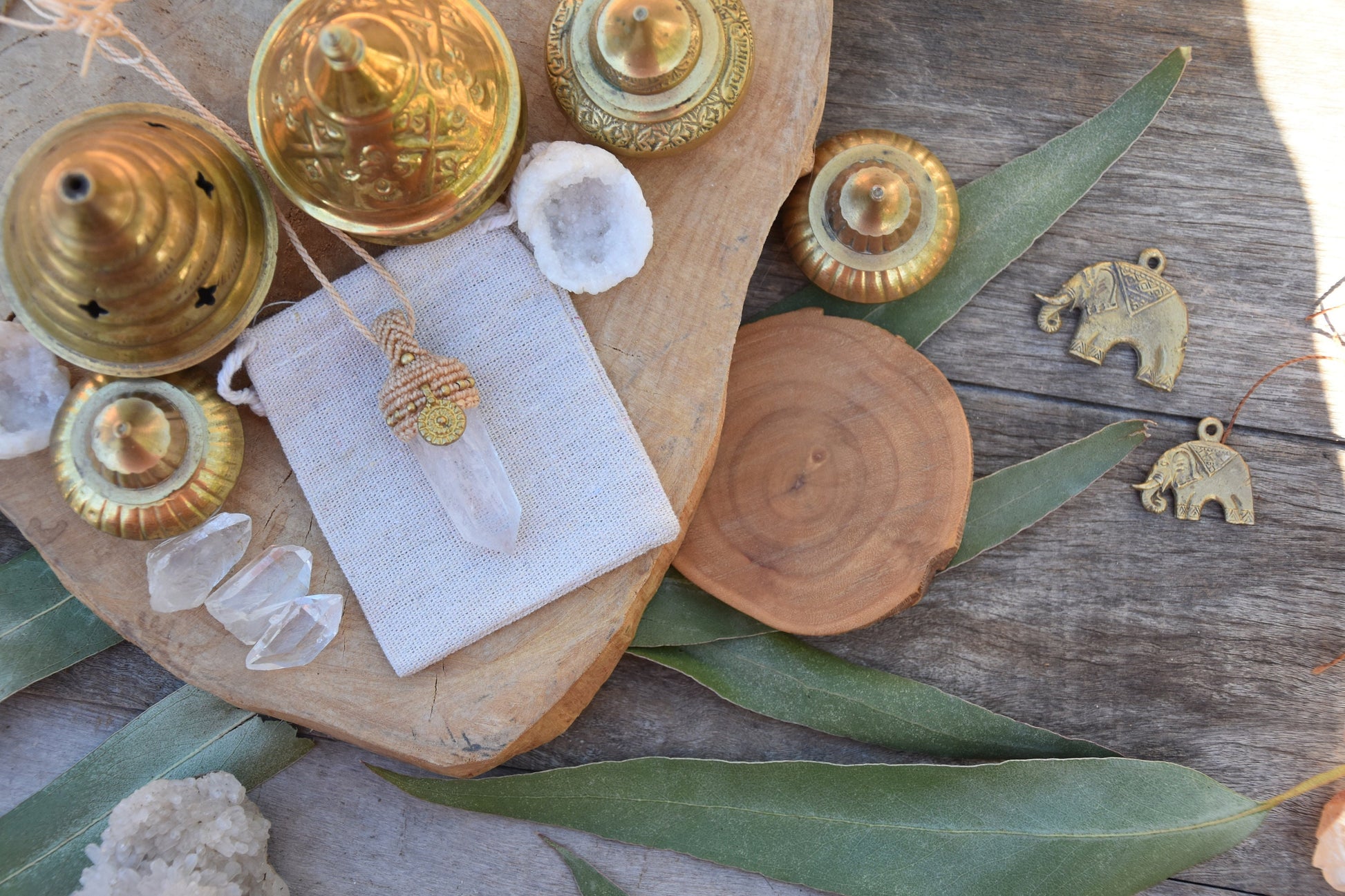 Boho chic macrame pendant with brass charm | Clear quartz point necklace | pendulum necklace | boho necklace