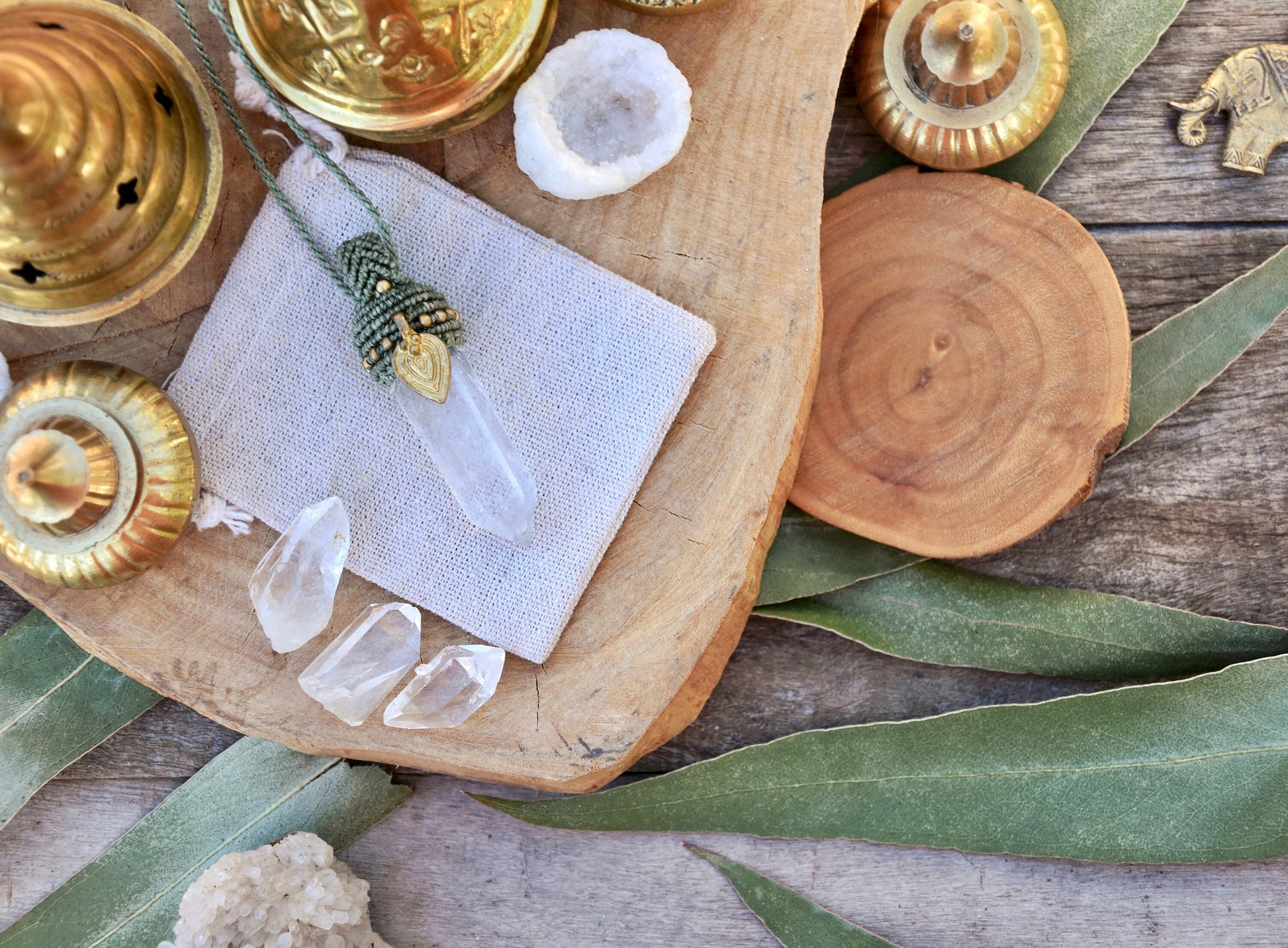 Clear quartz tower pendant with brass charm | Bohemian Chic quartz point macrame pendant | healing crystal necklace | boho necklace