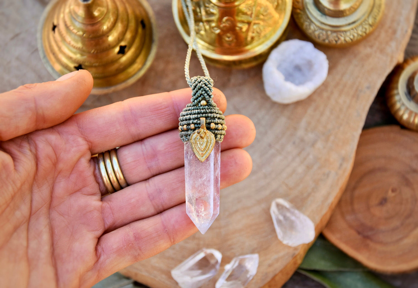 Clear quartz tower pendant with brass charm | Bohemian Chic quartz point macrame pendant | healing crystal necklace | boho necklace