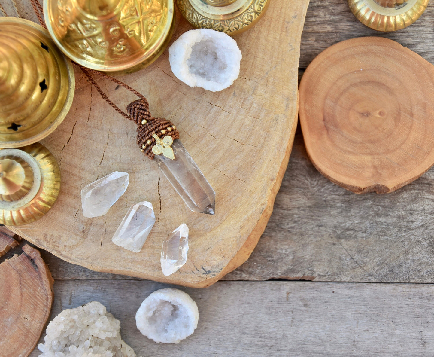 Tribal smokey quartz point pendant with brass charm | Ethnic quartz tower macrame pendant | healing crystal necklace | boho necklace