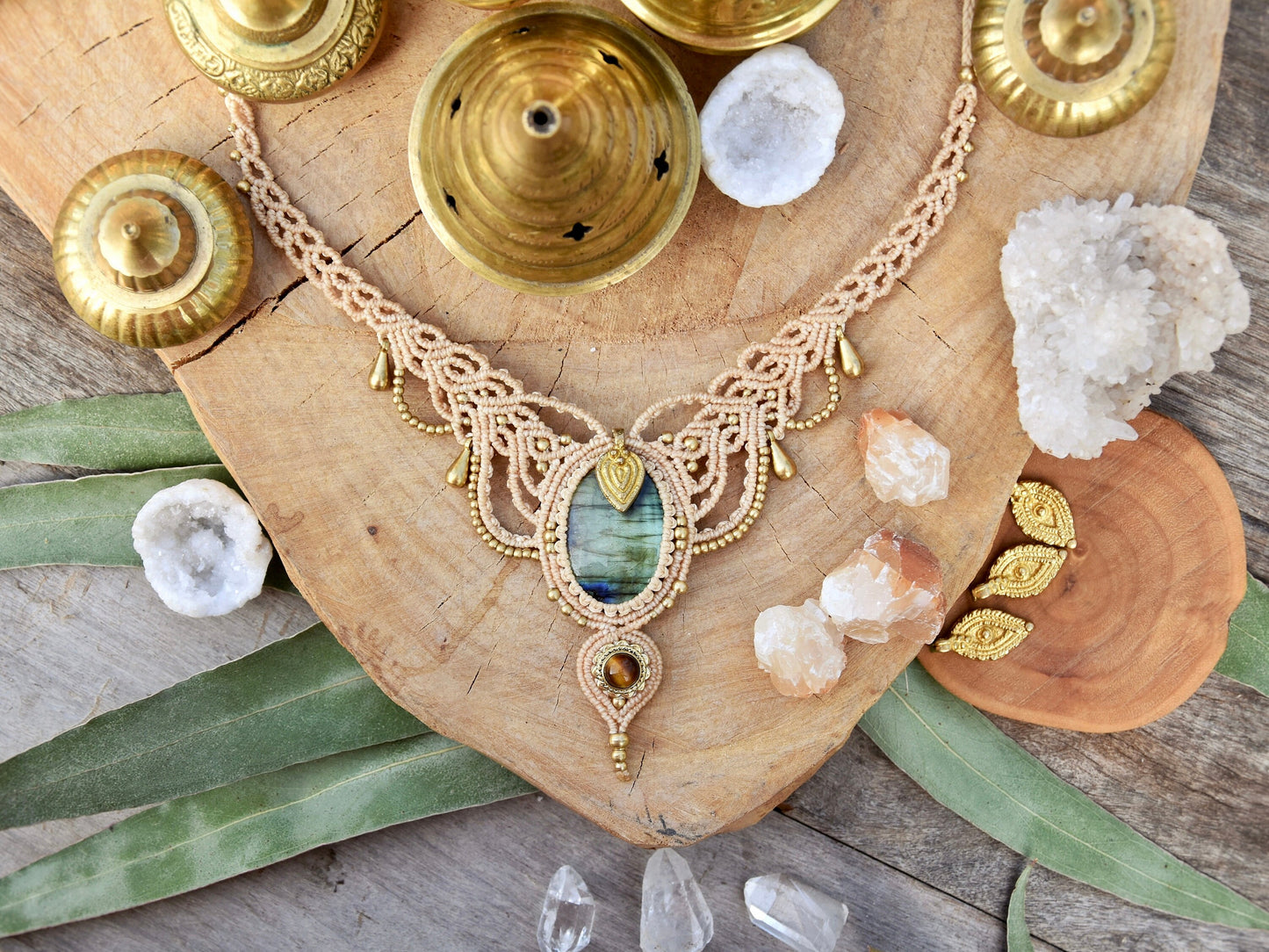 Boho macrame necklace with dangling charms | Tribal Labradorite necklace | Goddess necklace | Victorian style necklace