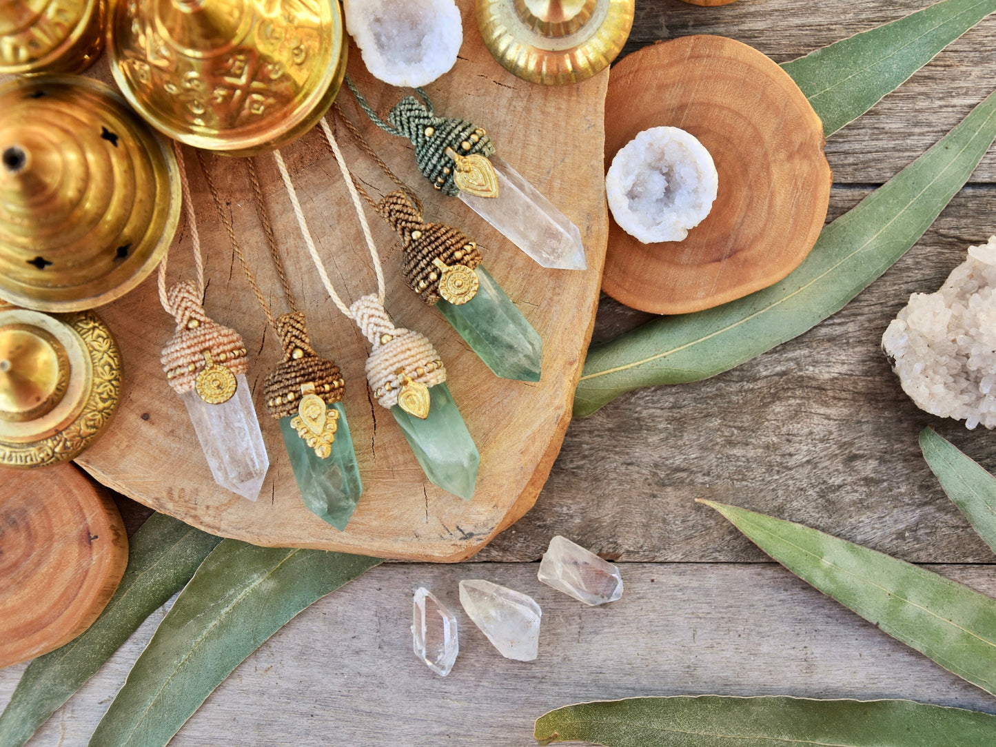 Clear quartz tower pendant with brass charm | Bohemian Chic quartz point macrame pendant | healing crystal necklace | boho necklace