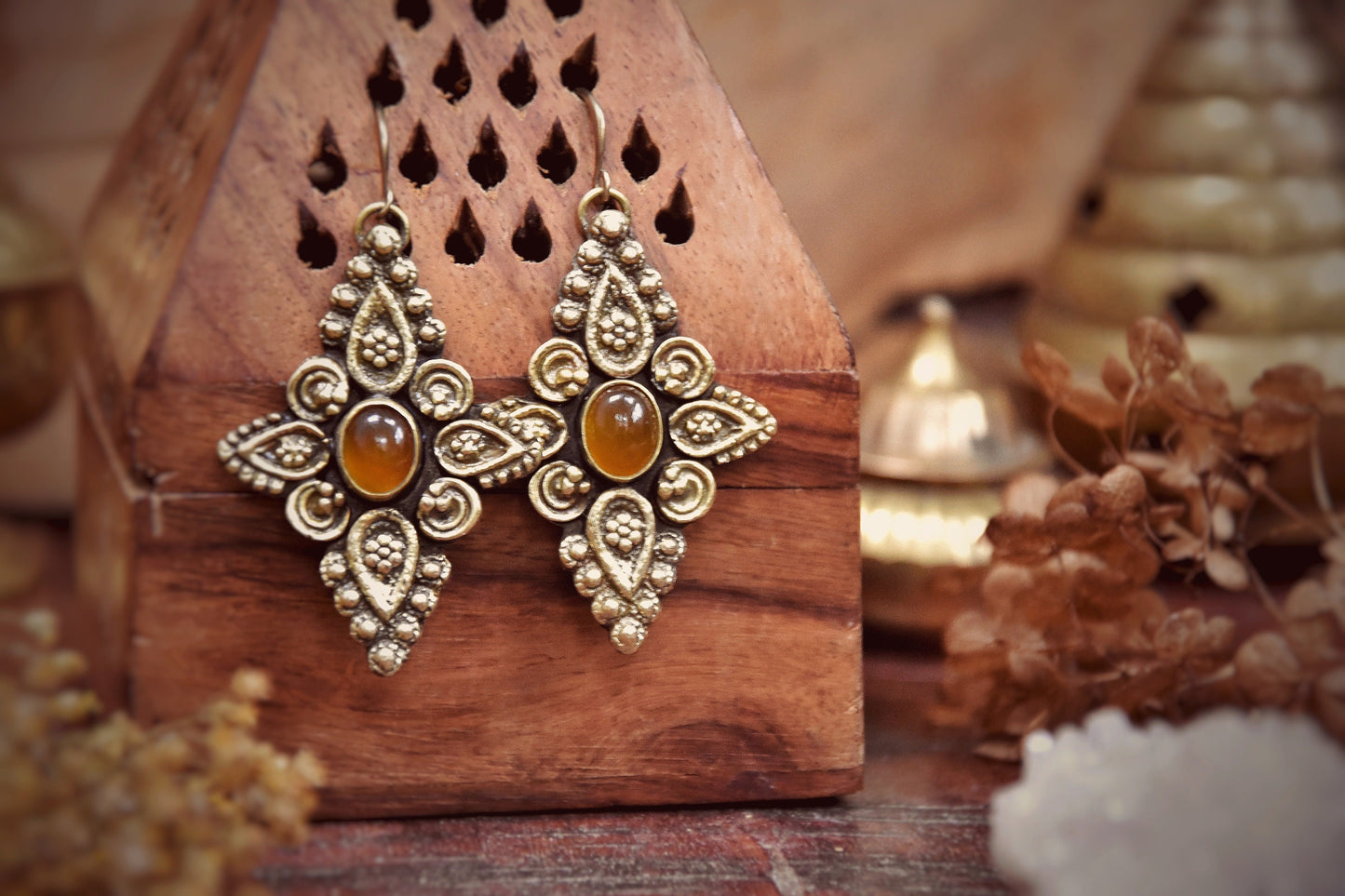 Ornamental boho earrings | Tribal mandala earrings | Ornamental gemstone earrings with Chalcedony crystals