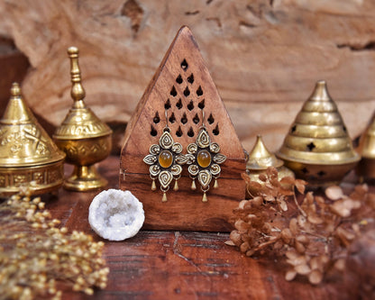 Brass boho earrings with drop charms | Tribal mandala earrings | Ornamental gemstone earrings