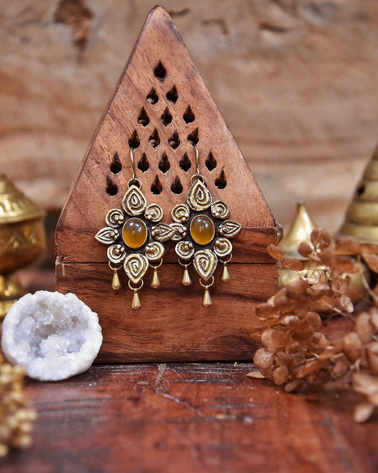 Brass boho earrings with drop charms | Tribal mandala earrings | Ornamental gemstone earrings