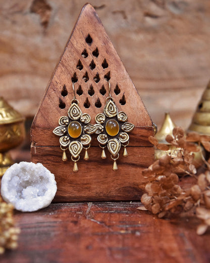 Brass boho earrings with drop charms | Tribal mandala earrings | Ornamental gemstone earrings