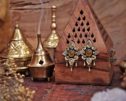 Brass boho earrings with drop charms | Tribal mandala earrings | Ornamental gemstone earrings