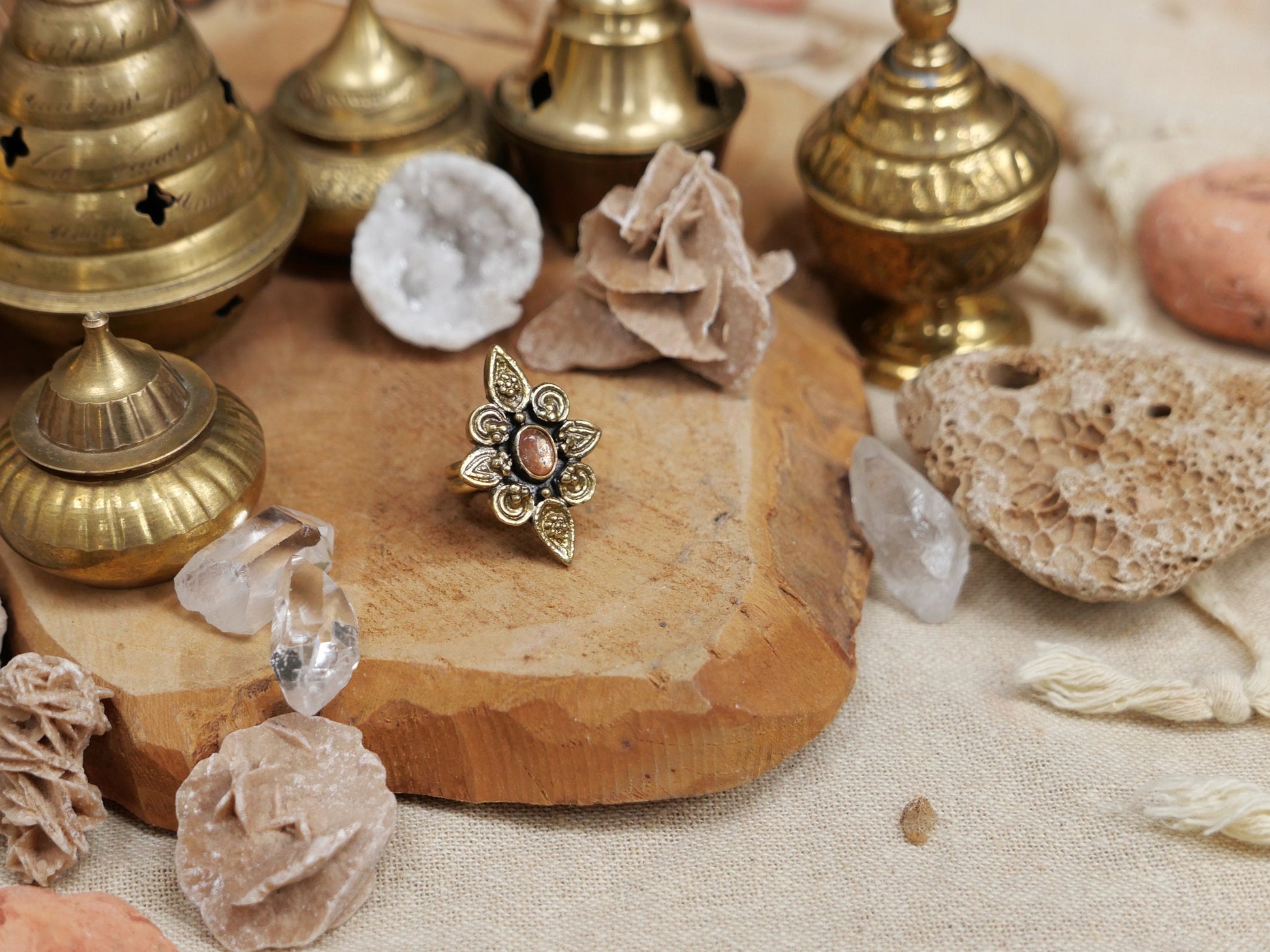 Mandala sunstone ring with floral ornaments | Tribal brass ring | Bohemian gemstone ring