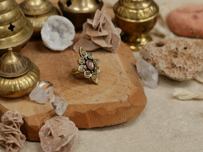 Mandala sunstone ring with floral ornaments | Tribal brass ring | Bohemian gemstone ring