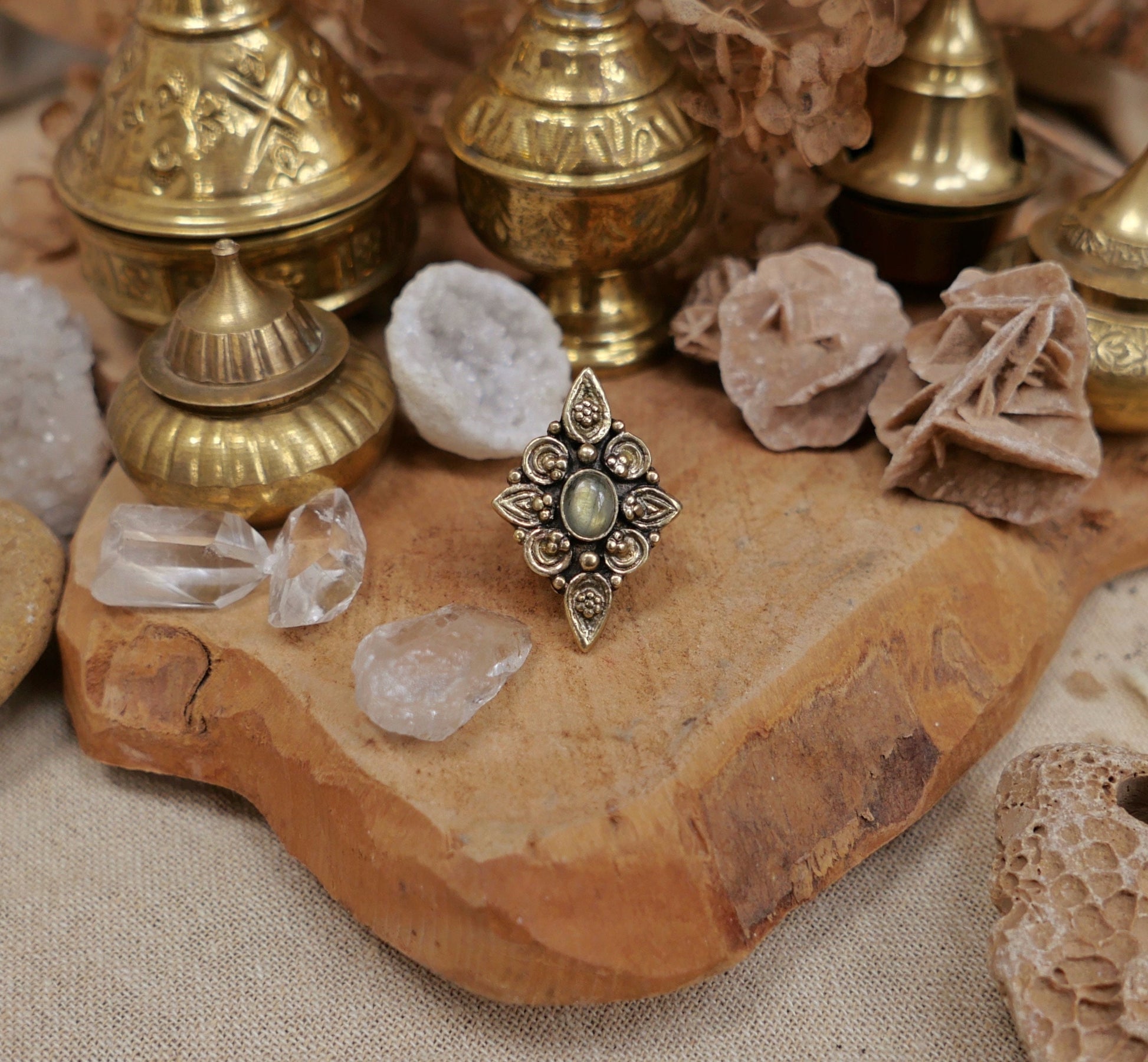 Brass Labradorite ring with tribal ornaments | Bohemian brass mandala ring for goddesses