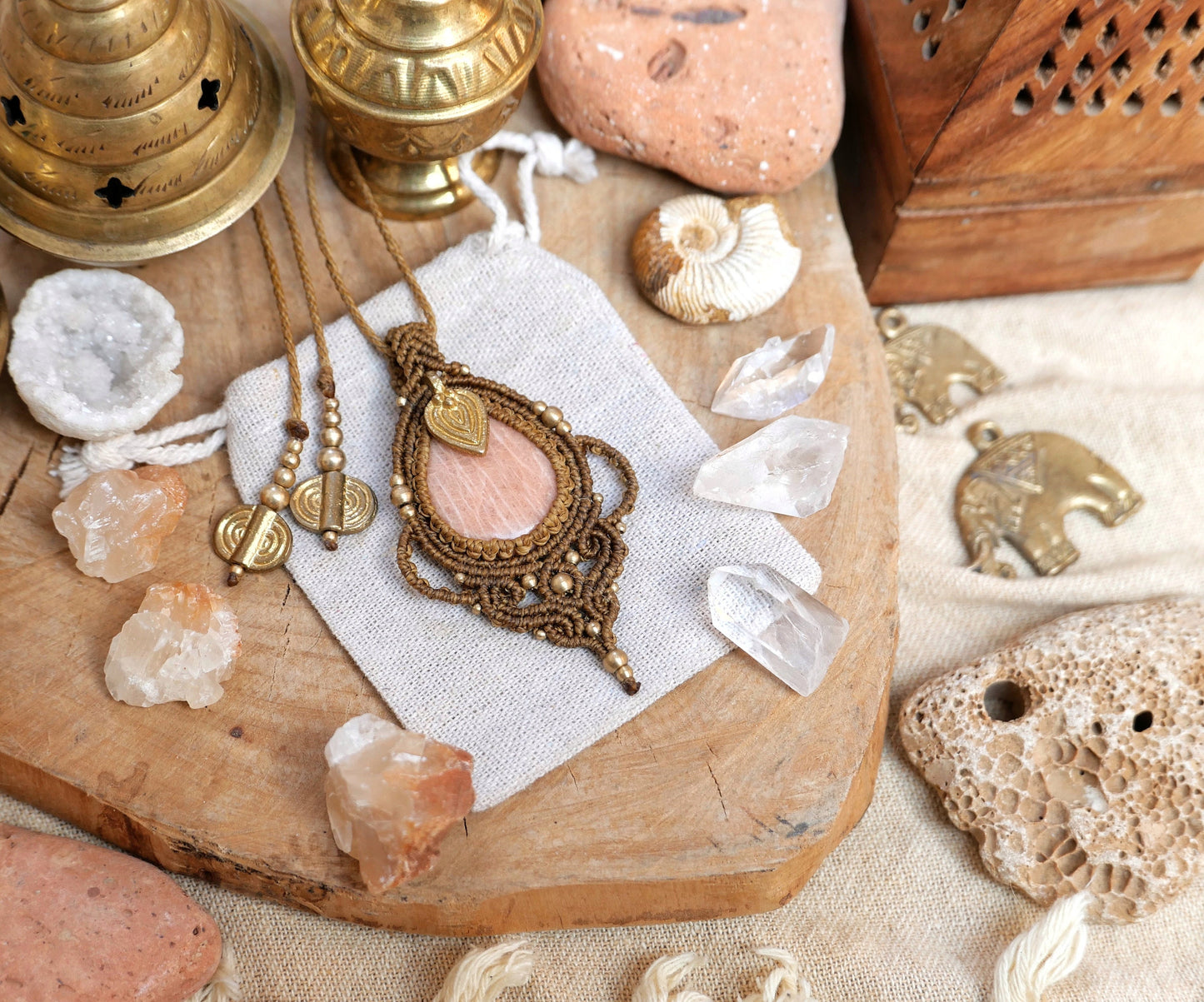 Feminine macrame pendant with healing crystal and brass charm | Elegant bohemian gemstone pendant