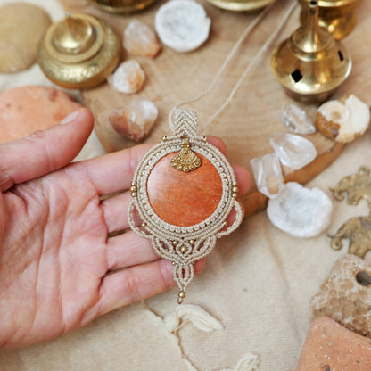 Large round macrame pendant with jasper crystal and brass charm | Feminine gemstone pendant