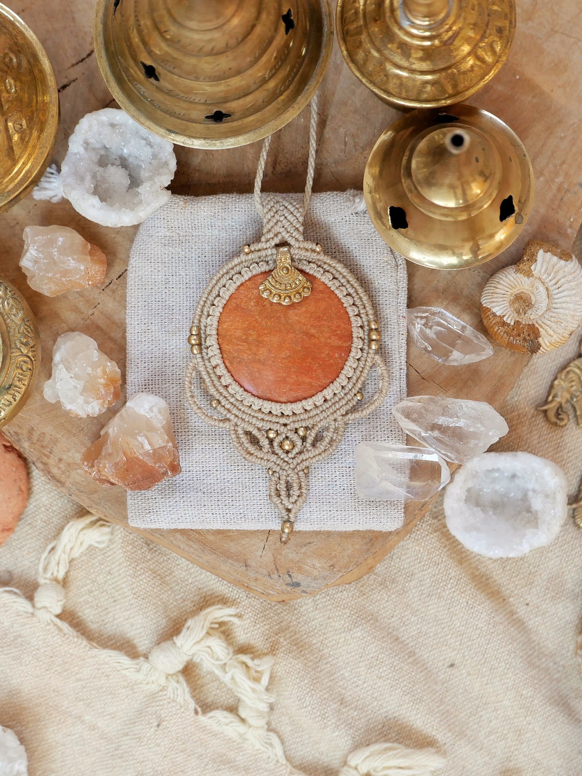 Large round macrame pendant with jasper crystal and brass charm | Feminine gemstone pendant