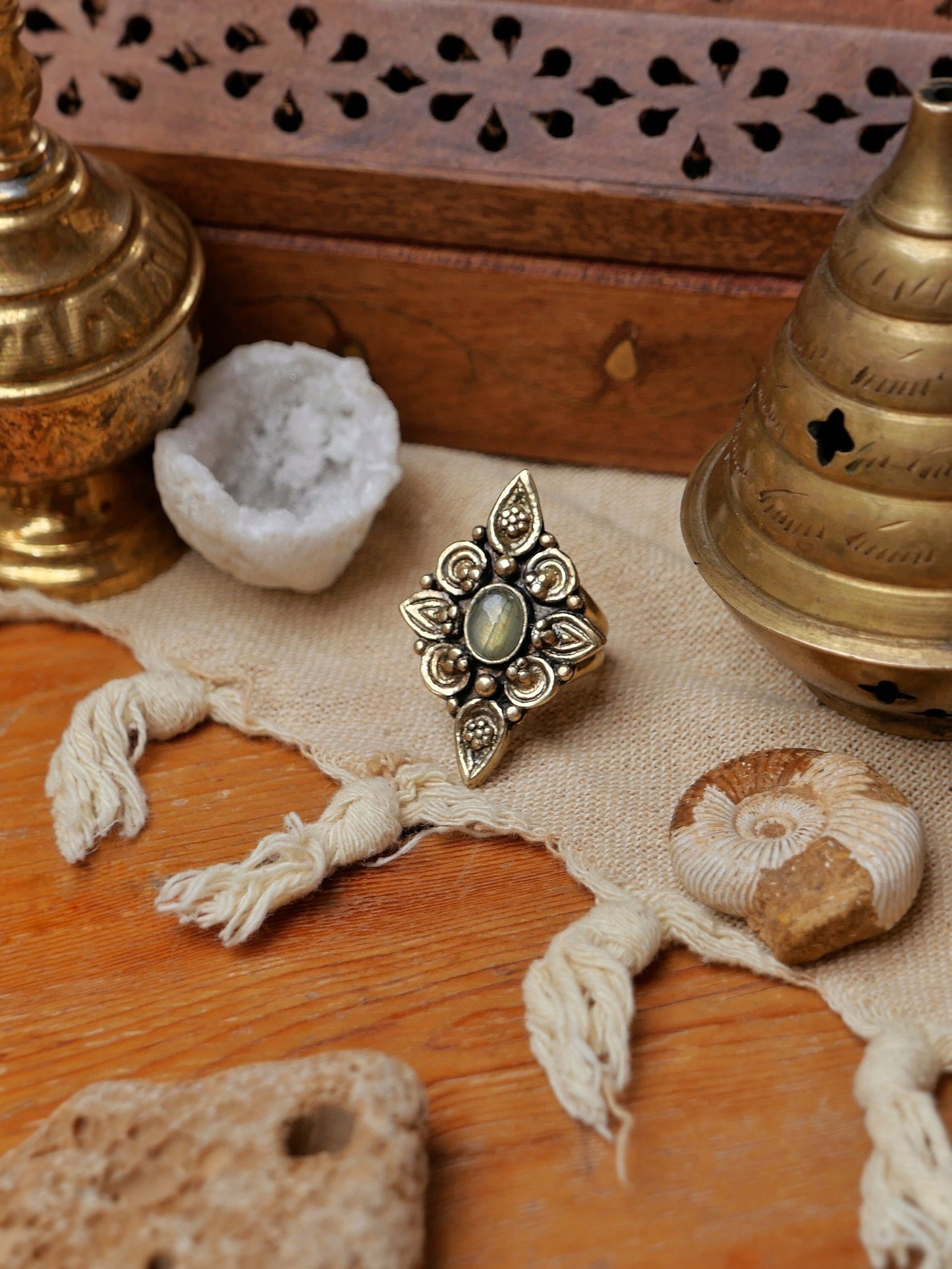 Brass Labradorite ring with tribal ornaments | Bohemian brass mandala ring for goddesses