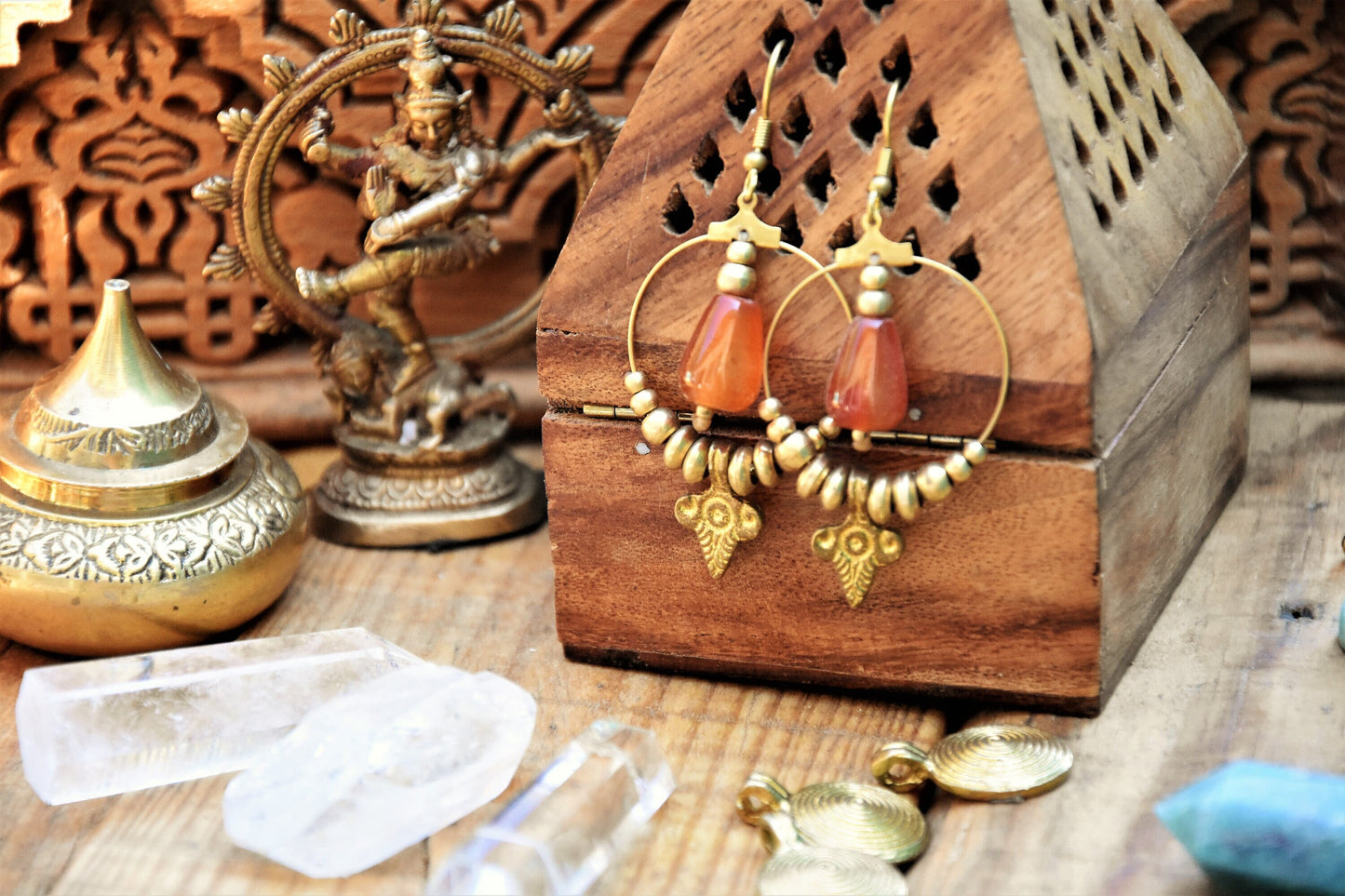 Bohemian gemstone earrings | Tribal brass earrings with Carnelian crystals