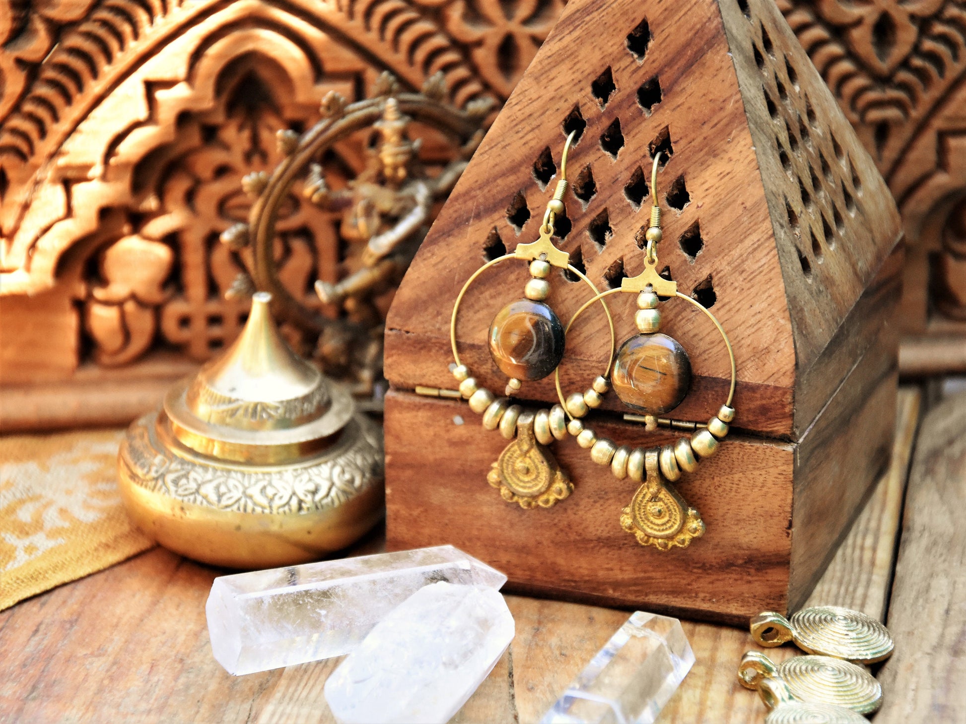 Brass Boho earrings | Tribal brass earrings with Tiger Eye crystals