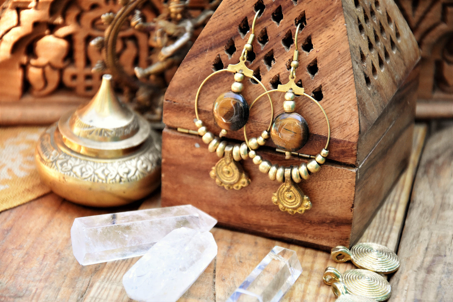 Brass Boho earrings | Tribal brass earrings with Tiger Eye crystals