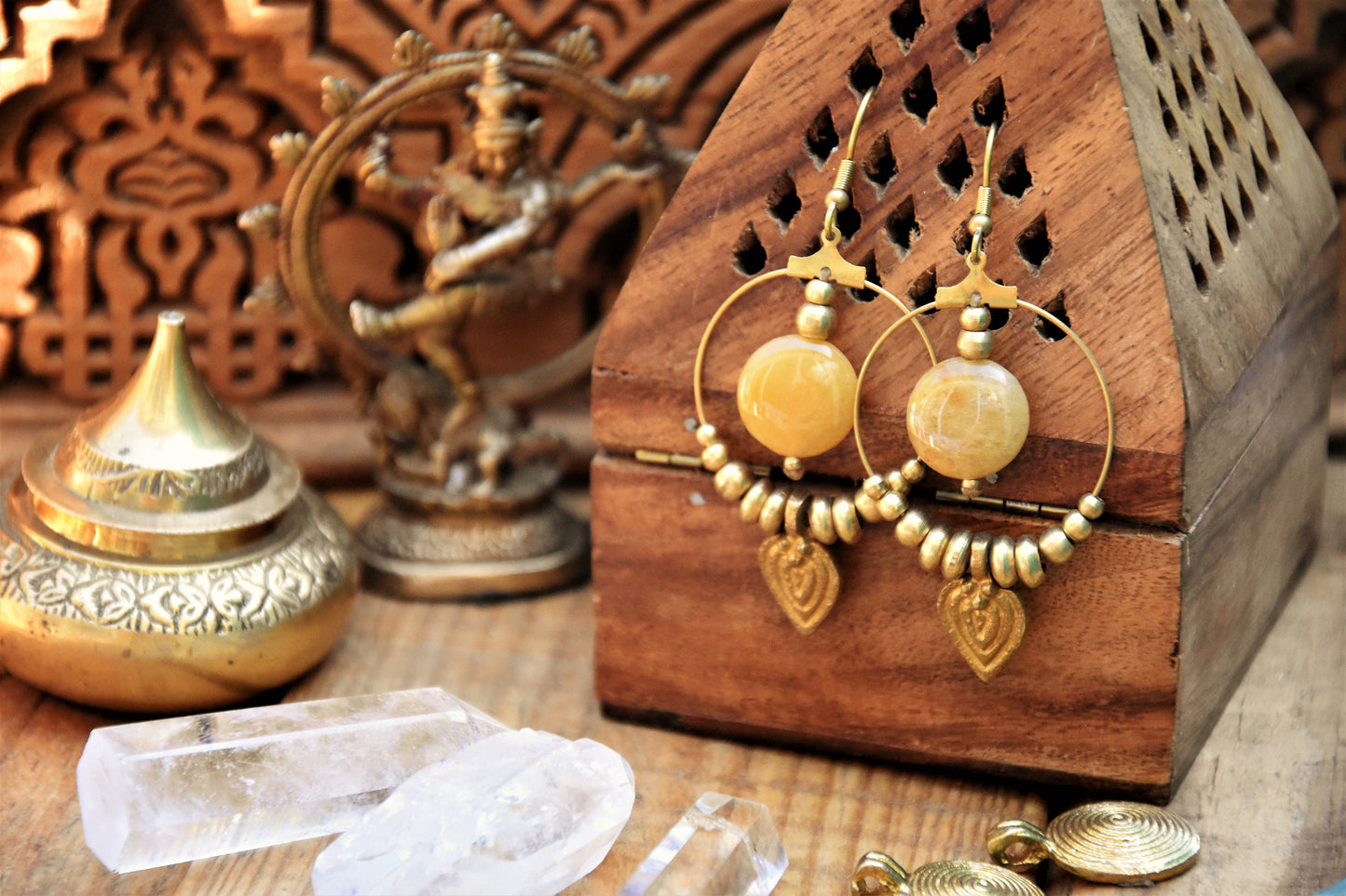 Tribal gemstone earrings | Brass earrings with healing crystals