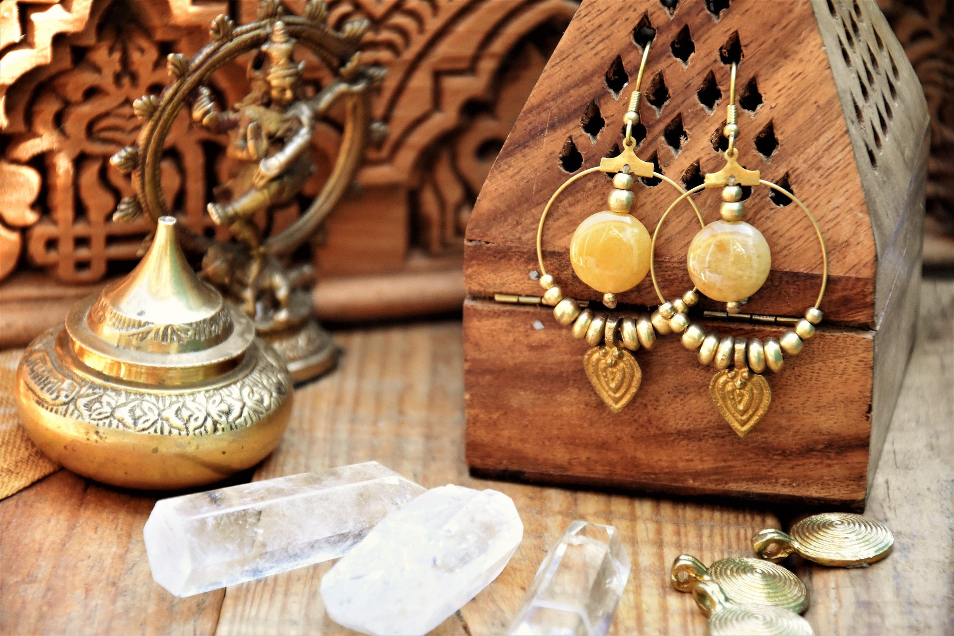 Tribal gemstone earrings | Brass earrings with healing crystals