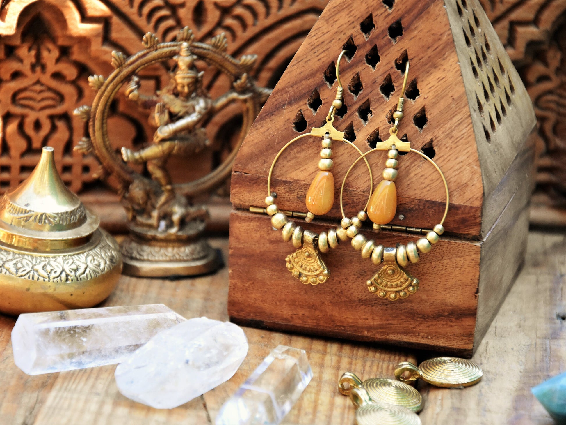 Tribal brass earrings | Boho rass earrings with healing crystals