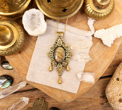 Brass Labradorite pendant with drop charms | Tribal mandala pendant | Ornamental gemstone pendant