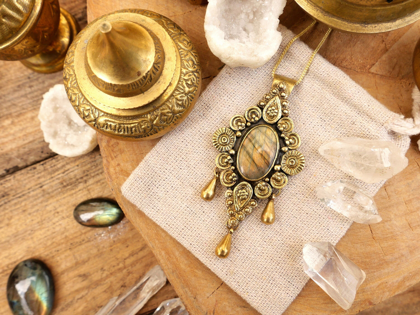 Brass Labradorite pendant with drop charms | Tribal mandala pendant | Ornamental gemstone pendant