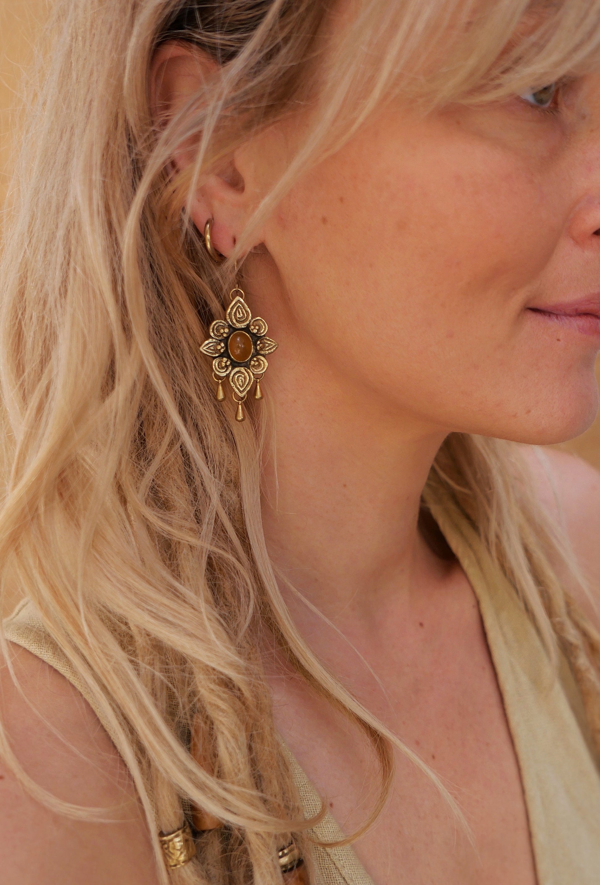 Brass boho earrings with drop charms | Tribal mandala earrings | Ornamental gemstone earrings