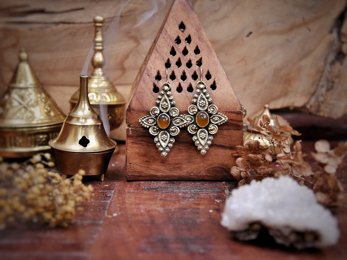 Ornamental boho earrings | Tribal mandala earrings | Ornamental gemstone earrings with Chalcedony crystals