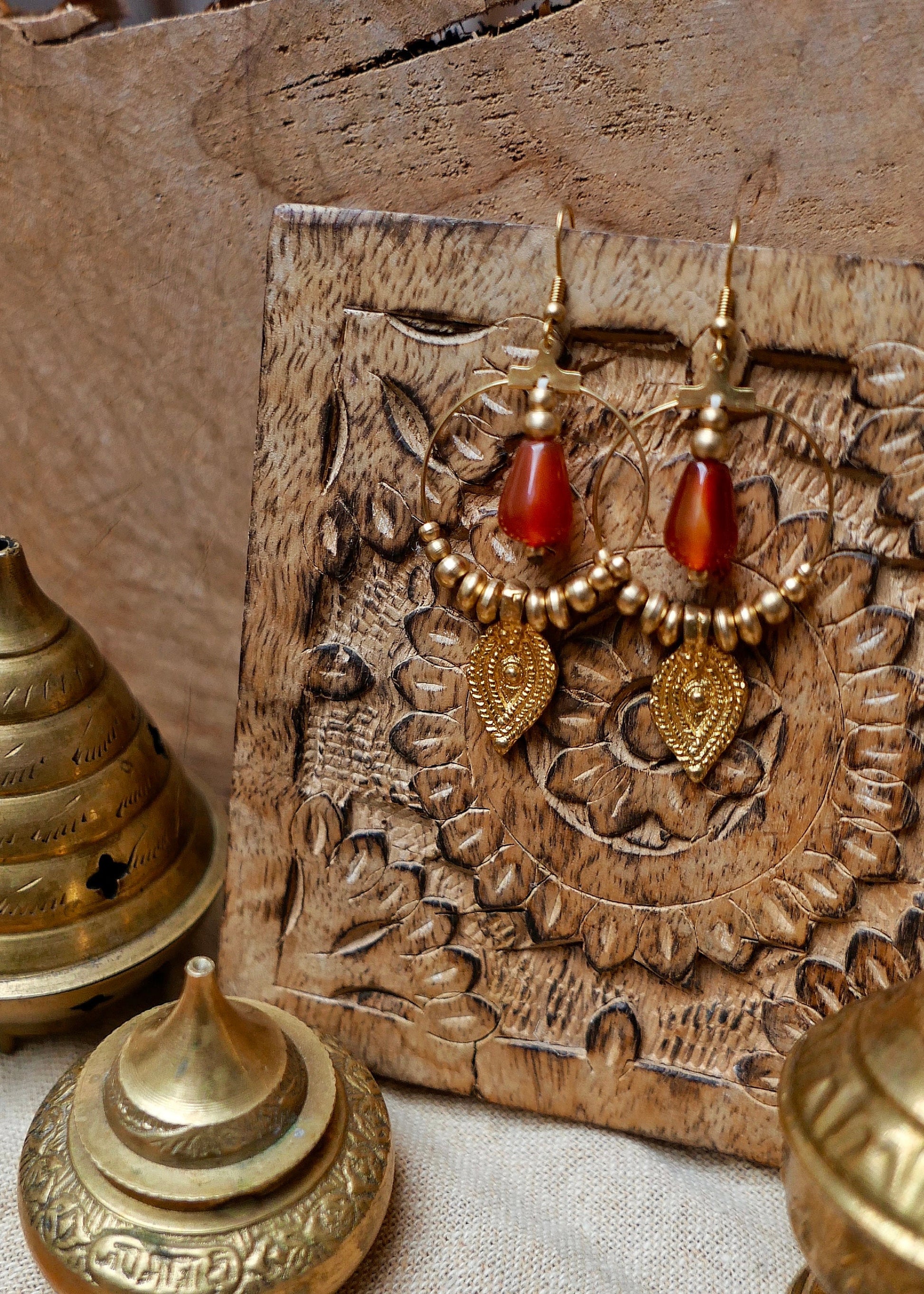 Bohemian gemstone earrings | Tribal golden brass earrings with Carnelian crystals