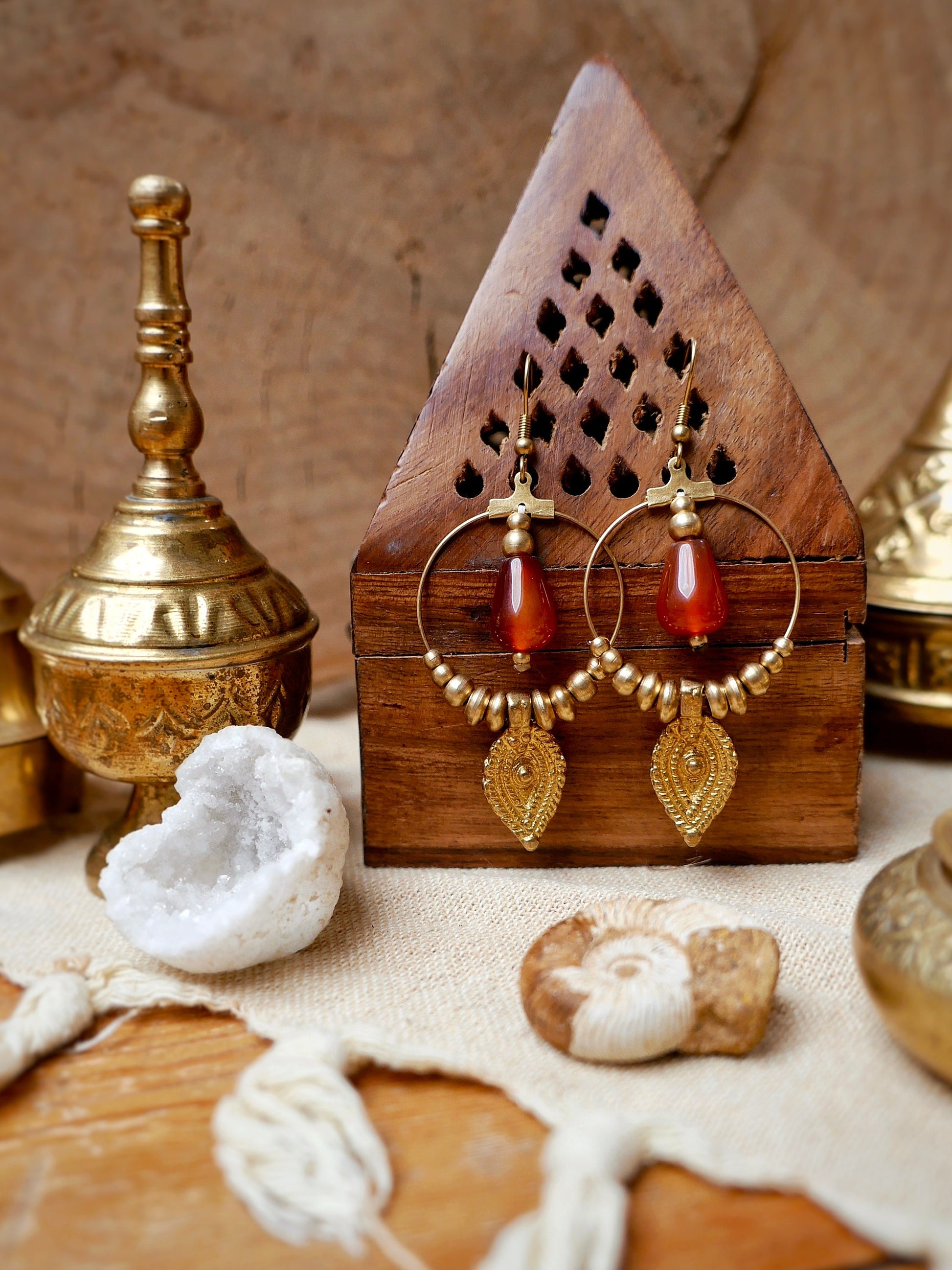 Bohemian gemstone earrings | Tribal golden brass earrings with Carnelian crystals